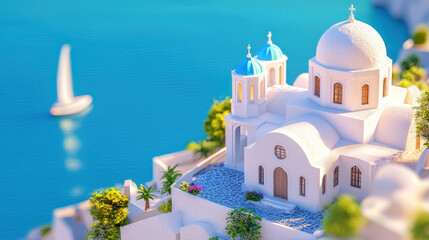 Stunning aerial view of picturesque white church with blue domes, surrounded by lush greenery and serene sea. scene evokes tranquility and beauty