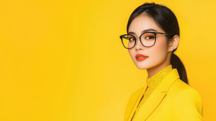 Stylish Asian woman wearing glasses and yellow suit against bright yellow background, exuding confidence and elegance