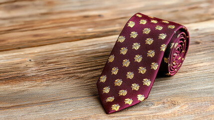 Elegant maroon tie with gold leaf patterns, rolled on rustic wooden surface, perfect for formal occasions and stylish attire