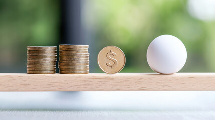 Visual representation of value and price, featuring stacks of coins, dollar coin, and egg on wooden surface, symbolizing financial concepts