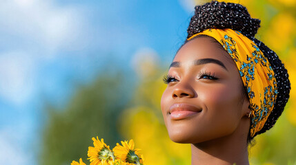 Young woman with vibrant yellow headwrap smiles gently while holding sunflowers against bright blue sky. Her expression radiates joy