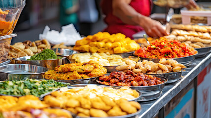 Delicious street food spread featuring vibrant colors and various dishes, showcasing rich culinary culture of India