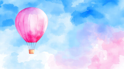 Beautiful watercolor design featuring pink hot air balloon soaring through serene blue sky filled with soft clouds