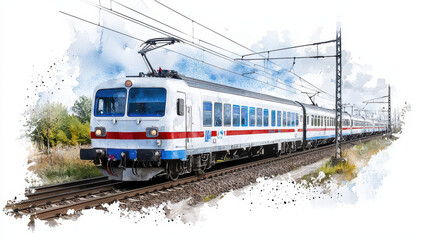 Watercolor illustration of train traveling railway tracks, showcasing vibrant colors and dynamic scene. train features white body with red