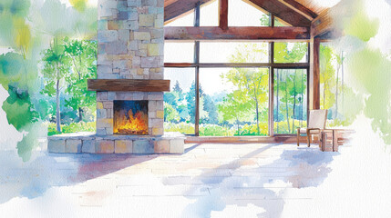 Serene watercolor illustration of modern living space featuring stone fireplace, large windows, and view of lush greenery. warm light creates cozy