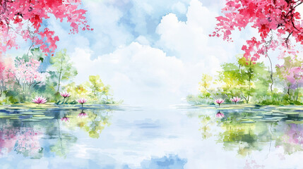 Serene watercolor painting depicting tranquil landscape with blooming flowers, lush greenery, and reflective water surface. vibrant colors evoke