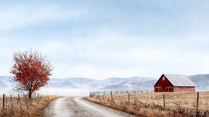 Serene landscape featuring red barn beside dirt road, with solitary tree displaying autumn leaves. scene captures essence of rural tranquility
