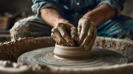Potter's hands shaping wet clay on a wheel, artisan making handmade ceramics in workshop, traditional craft and authentic craftsmanship, creative small business and manufacturing process.