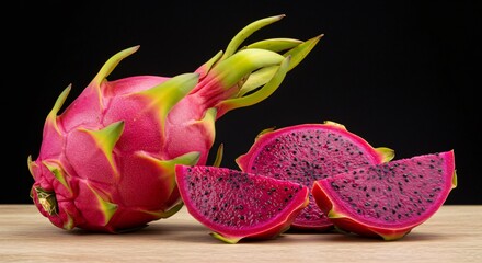 A whole and sliced dragon fruit with pink flesh and black seeds on a wooden surface against a black background
