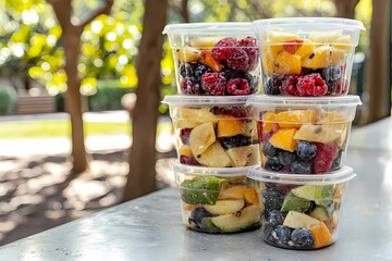 Fresh and Colorful Fruit Cups Stacked Outdoors in Natural Light