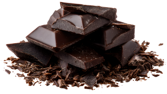 A pile of chocolate bars with chocolate shavings on top