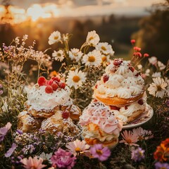Delicate Pastries Surrounded by Colorful Wildflowers at Sunset