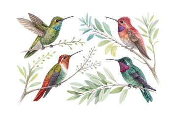 set of watercolor Hummingbird Sage Branch vector illustration isolated on white background