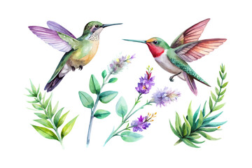 watercolor Hummingbird Sage Branch vector illustration isolated on white background © Tanvir Rana