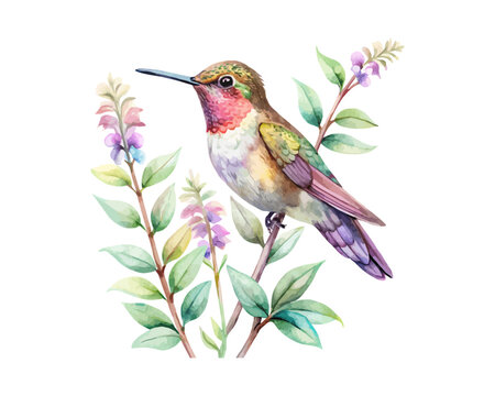 watercolor Hummingbird Sage Branch vector illustration isolated on white background