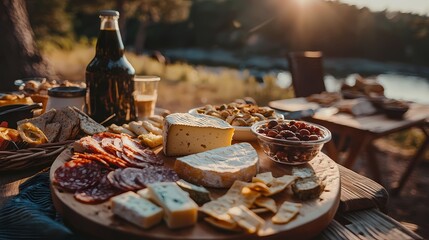 Sunset Picnic with Cheese, Charcuterie, and Refreshing Drink