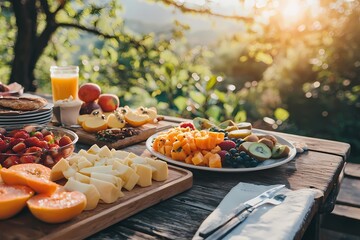Fresh and Colorful Breakfast Spread in Natural Outdoor Setting