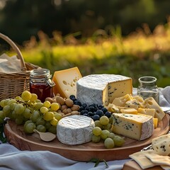 Colorful Cheese and Fruit Platter on Rustic Wooden Table Outdoors