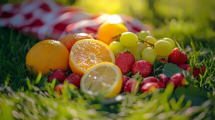 Fresh and Colorful Assortment of Fruits on Green Grass with Sunlight