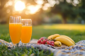 Refreshing Orange Juice and Fruits in Beautiful Natural Light