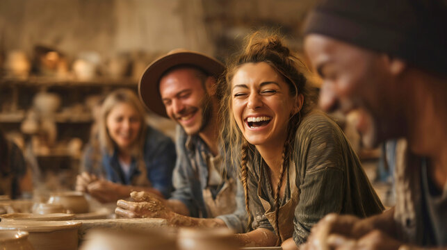 Group of happy friends laughing in pottery workshop, young diverse people learning a new creative hobby, fun community class and handmade craft education, friendship, teamwork and social activity toge