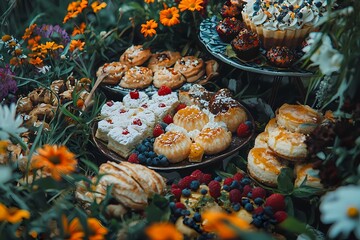 Colorful Dessert Display with Flowers and Baked Goods in Nature