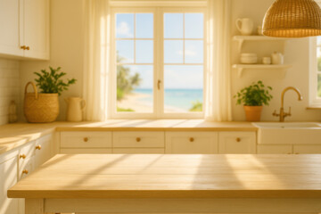 Wooden table illuminating modern kitchen with ocean view background