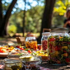 Fresh Vegetables and Jars in a Rustic Outdoor Picnic Setting