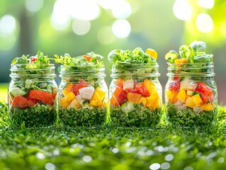 Colorful Salad Jars with Fresh Vegetables and Greens in Nature