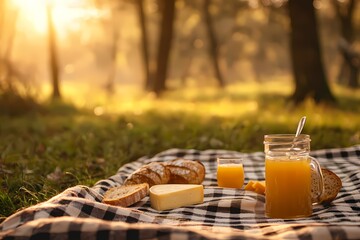 Morning Picnic with Bread, Cheese, and Juice in Sunrise Forest