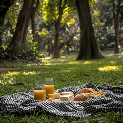 Fresh Breakfast Picnic with Juices, Bread, and Cheese in Nature