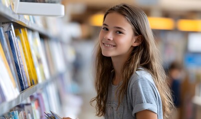  12 year girl at barns and noble looking at books, smiling