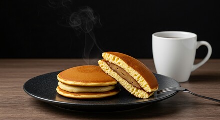 Stack of pancakes with filling on a black plate with a fork and a white mug on a wooden table