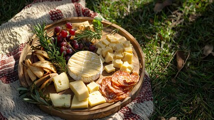 Gourmet Cheese and Charcuterie Board with Grapes and Herbs Outdoors