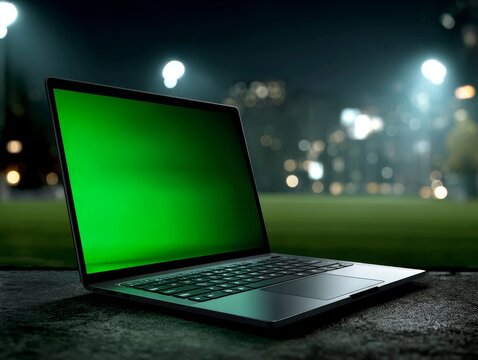 Modern laptop displaying green chroma key screen placed on wooden table in empty stadium under lights at night - Powered by Adobe