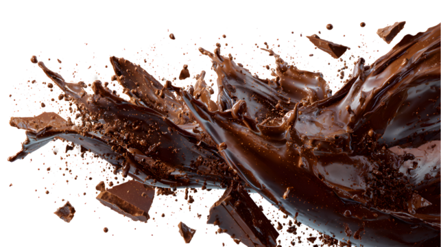 A chocolate splash with chocolate chips and crumbs