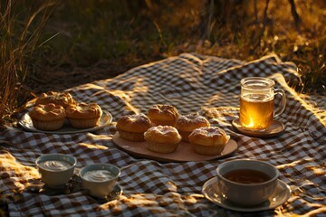 Cozy Outdoor Picnic with Muffins and Hot Beverages at Sunset