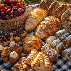 Assorted Baked Goods and Fresh Berries on Picnic Blanket Setting