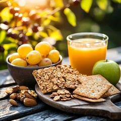 Fresh Fruits and Healthy Snacks on Rustic Wooden Table at Sunrise