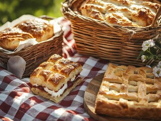 Freshly Baked Pastries and Desserts on Picnic Blanket Outdoors