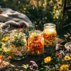 Colorful Vegetable Jars Surrounded by Wildflowers in Sunlight