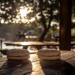 Fresh Baked Pastry on Wooden Table with Warm Sunset Background