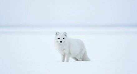 白狐静かに佇む冬景色 柔らかな光 雪原 (Shiro kitsune shizuka ni tatazumu fuyu keshiki yawarakana hikari yukihara) Translation: White fox calmly stands winter landscape soft light snow field. AI Generated