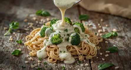 Creamy sauce being poured over spaghetti with broccoli on a rustic wooden surface with basil garnish