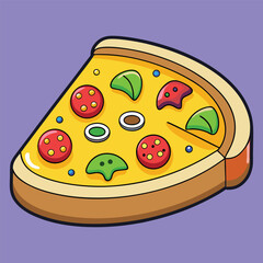 Cartoon pizza slice with pepperoni basil and onion toppings on a purple background illustration