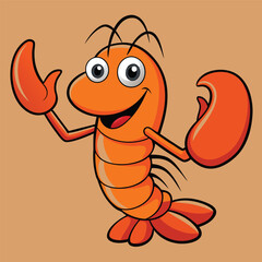 A cartoon orange shrimp with large claws smiling and waving on a tan colored background illustration