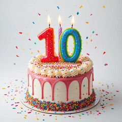 Happy birthday cake with colorful frosting and candles shaped as number 10, sprinkles and confetti around, festive and bright, on white background