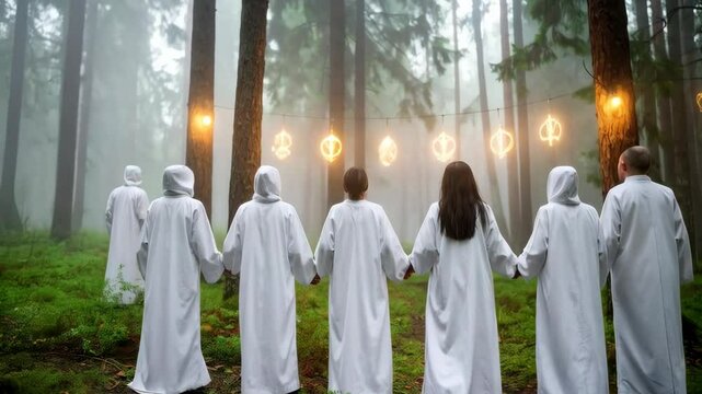 Gathering in a misty forest, cloaked figures hold hands under glowing pendants for a ritual or ceremony in a mystical place.