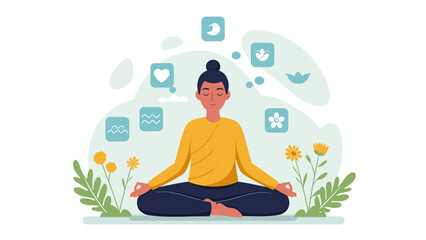 Mindful Meditation in Nature with Wellness Symbols. Flat Illustration of Inner Peace, Yoga, and Spiritual Balance.