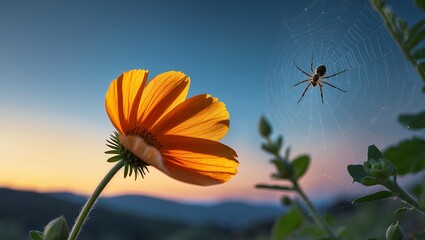 Flower with spider web in nature against colorful sunset sky